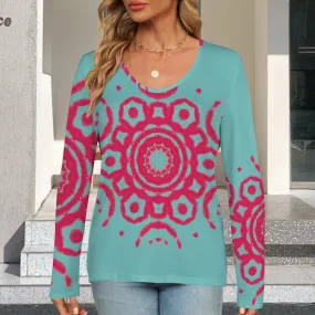 Long Sleeve V Neck Sweater Turquoise Red Medallion