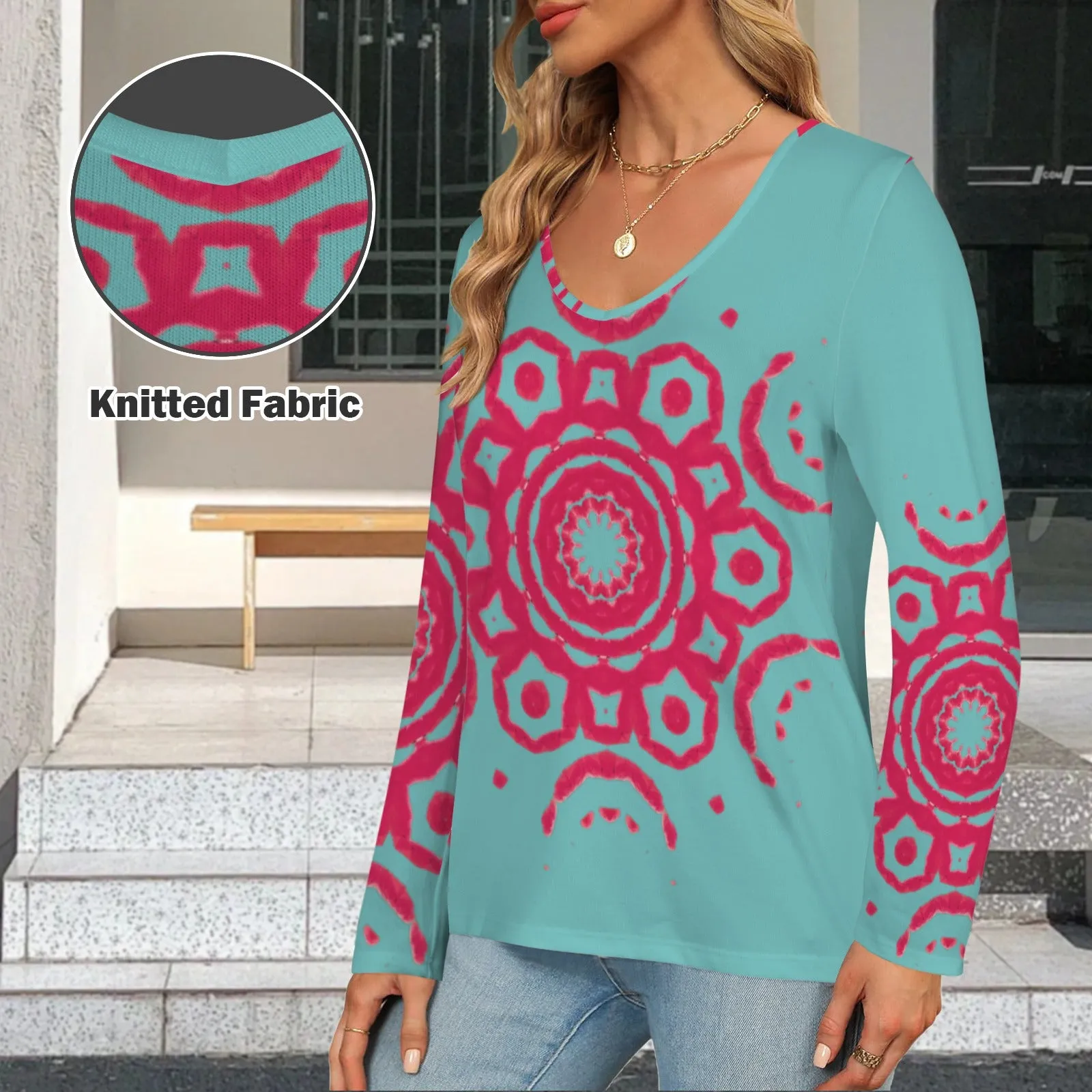 Long Sleeve V Neck Sweater Turquoise Red Medallion