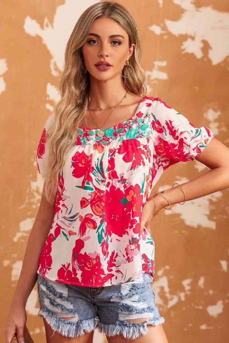Poppy Petals Short Sleeve Floral Printed Blouse