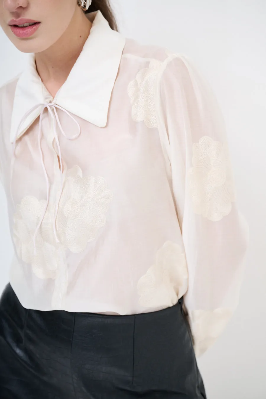 Sheer floral blouse with tie-neck detail wholesale