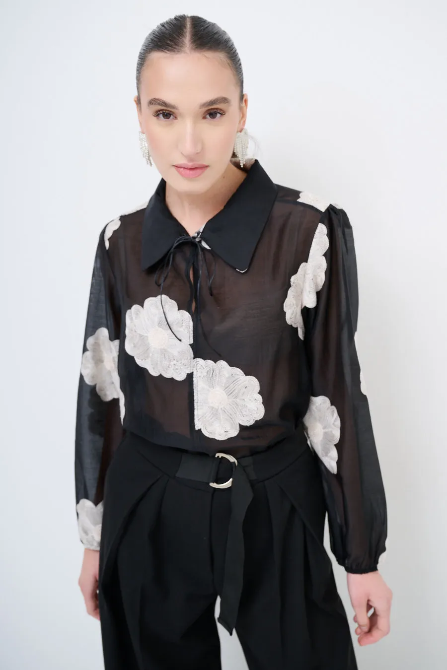 Sheer floral blouse with tie-neck detail wholesale