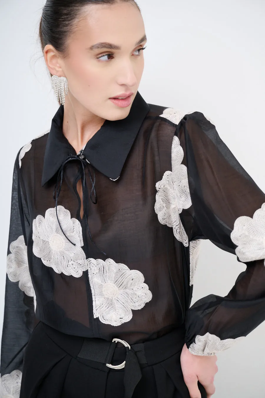 Sheer floral blouse with tie-neck detail wholesale