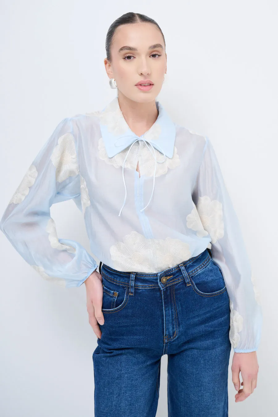Sheer floral blouse with tie-neck detail wholesale