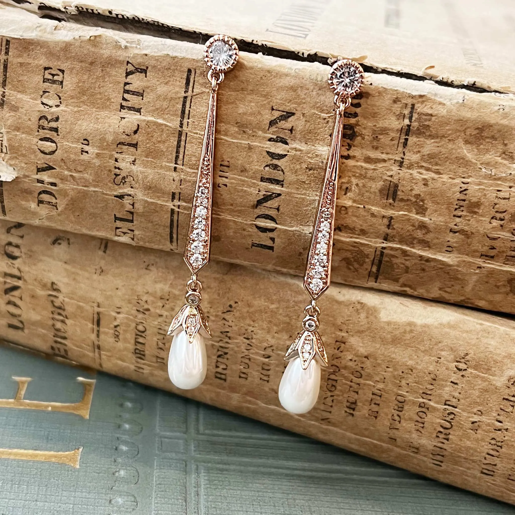 Violet, Teardrop Pearl Earrings in Rose Gold