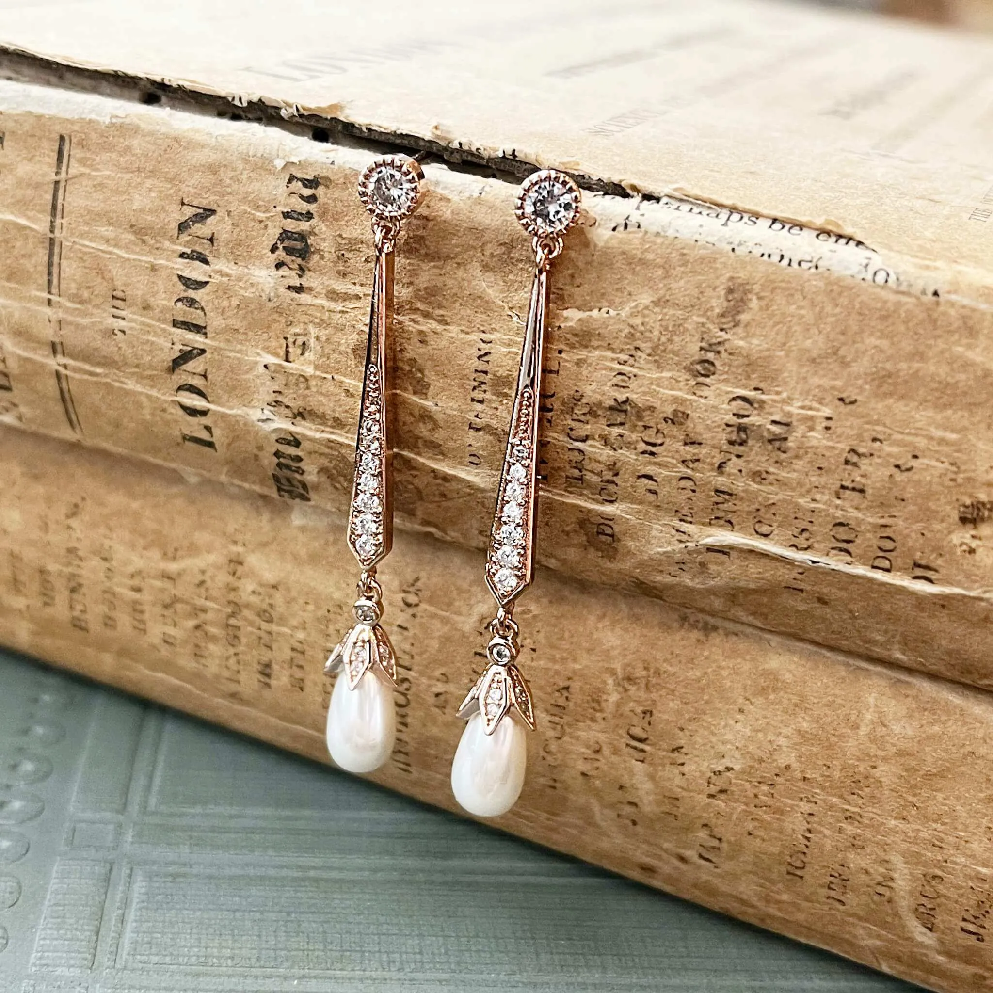 Violet, Teardrop Pearl Earrings in Rose Gold