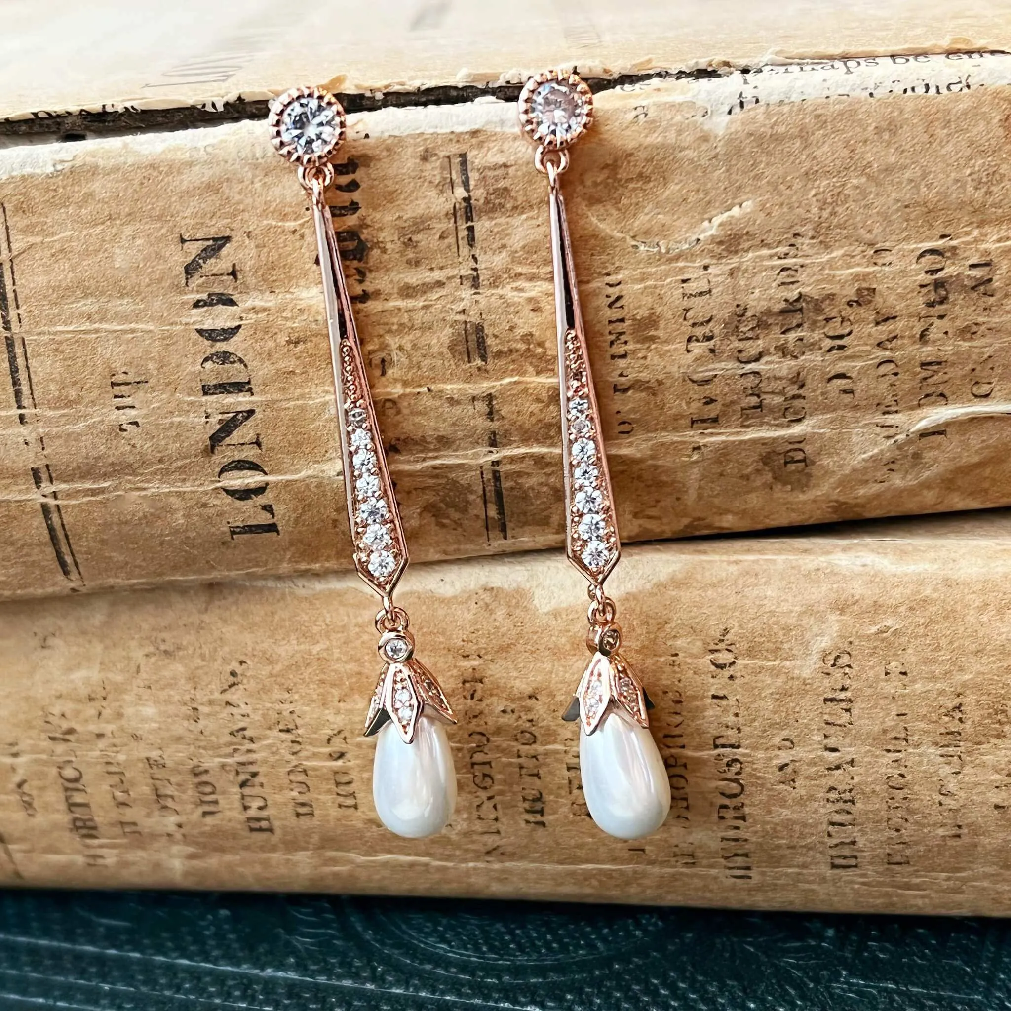 Violet, Teardrop Pearl Earrings in Rose Gold