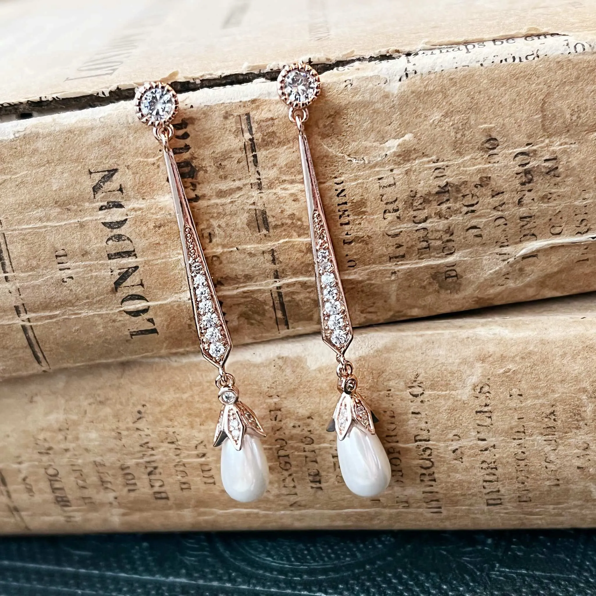 Violet, Teardrop Pearl Earrings in Rose Gold