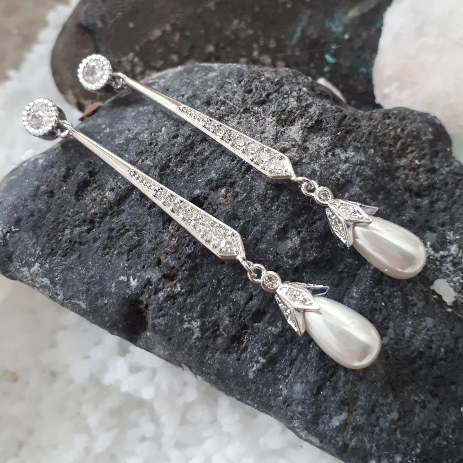 Violet, Teardrop Pearl Earrings in Silver