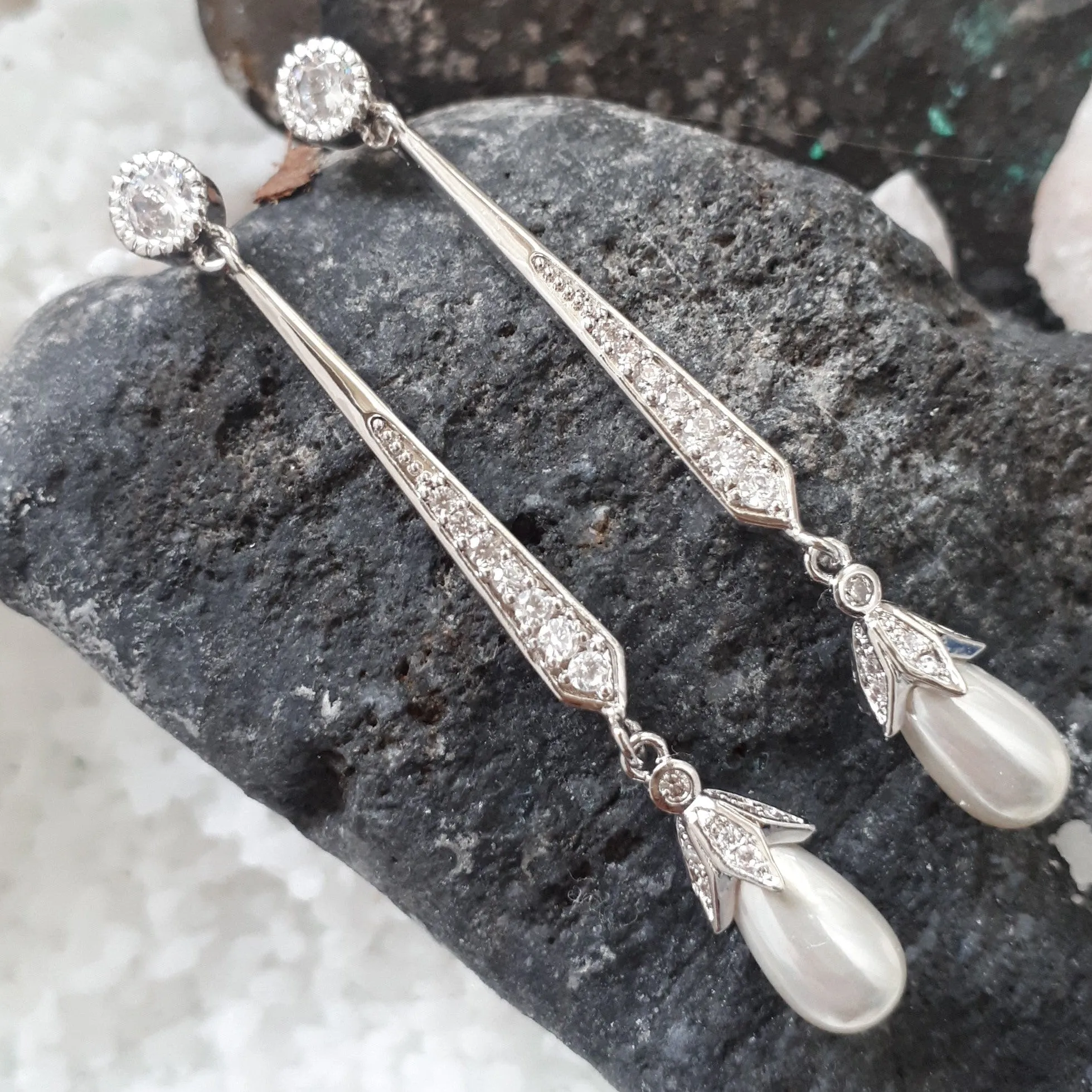 Violet, Teardrop Pearl Earrings in Silver