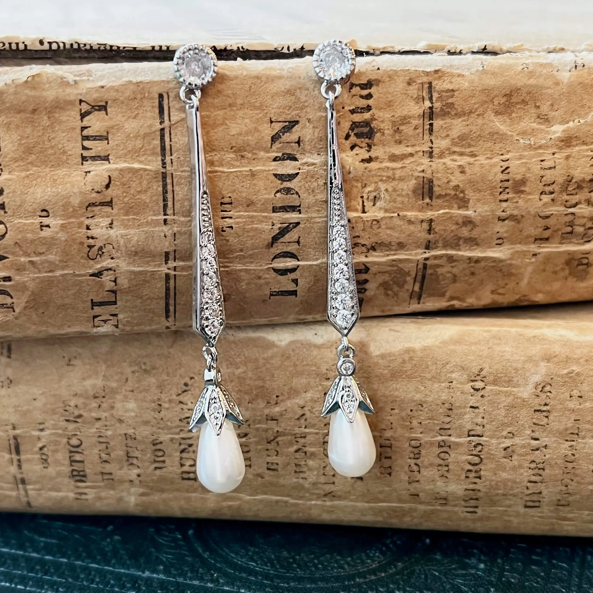 Violet, Teardrop Pearl Earrings in Silver