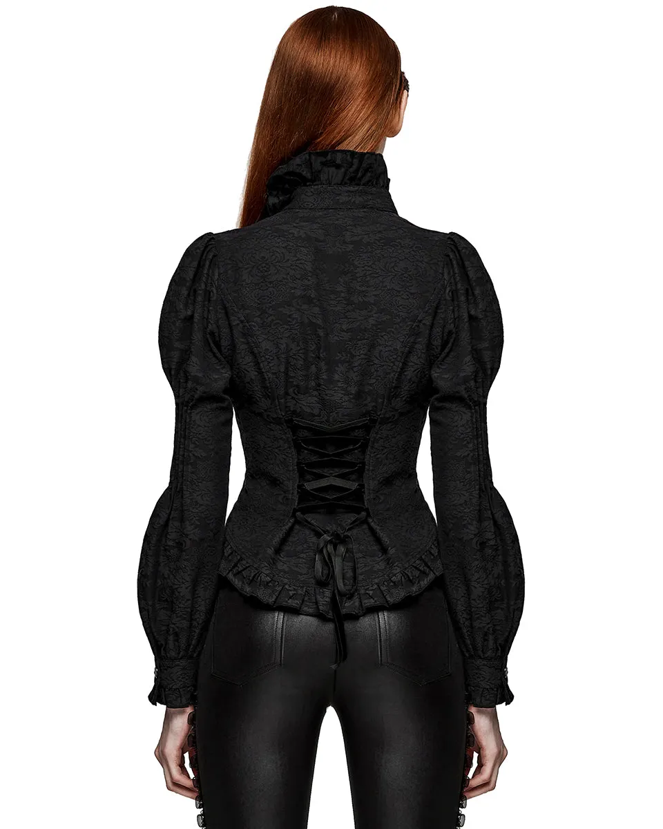 WY-1527CCF-BKF Womens Dark Regency Gothic Jacquard Blouse Top